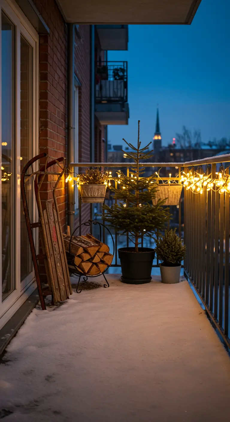 Urban balcony with vintage sled, firewood, small trees, and string lights at dusk.