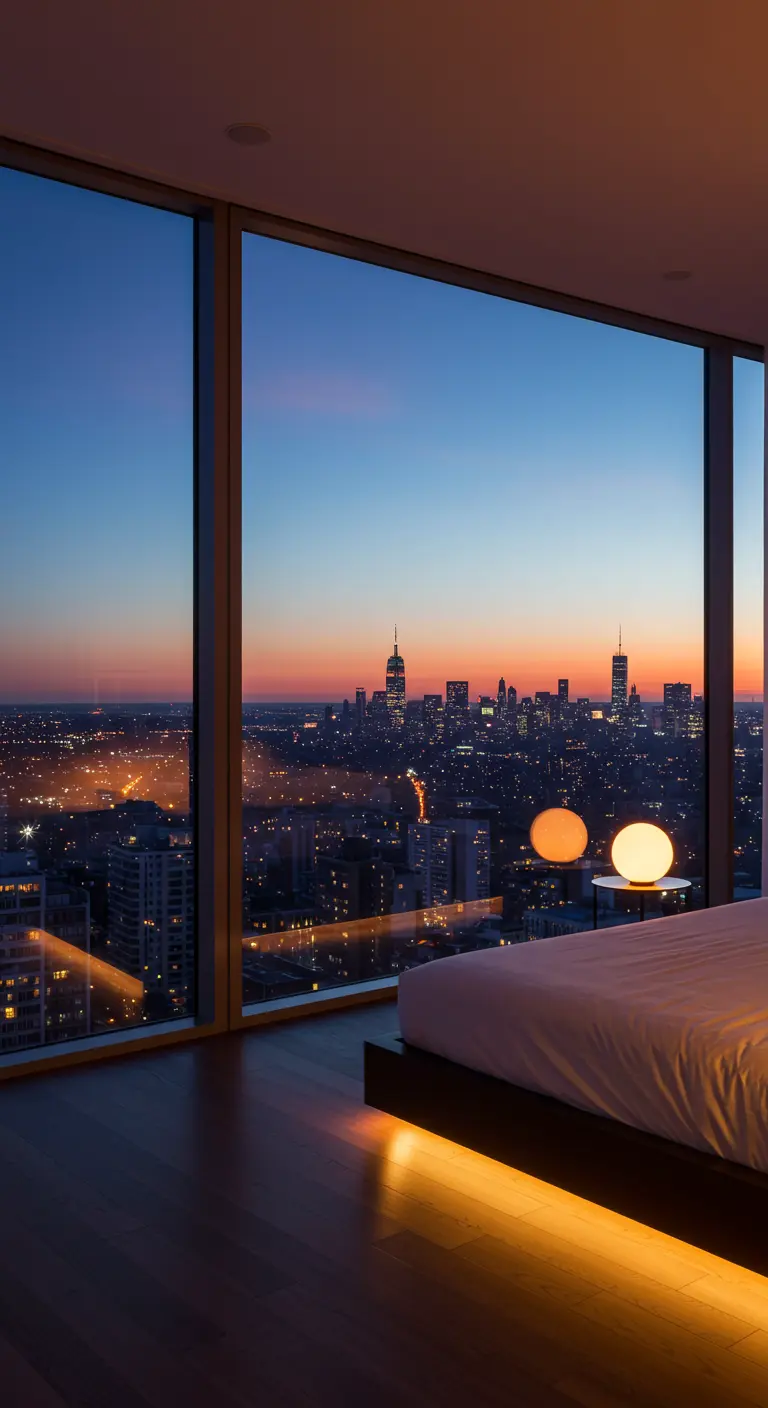 A bedroom with a floor-to-ceiling window looking out onto a city skyline at dusk.