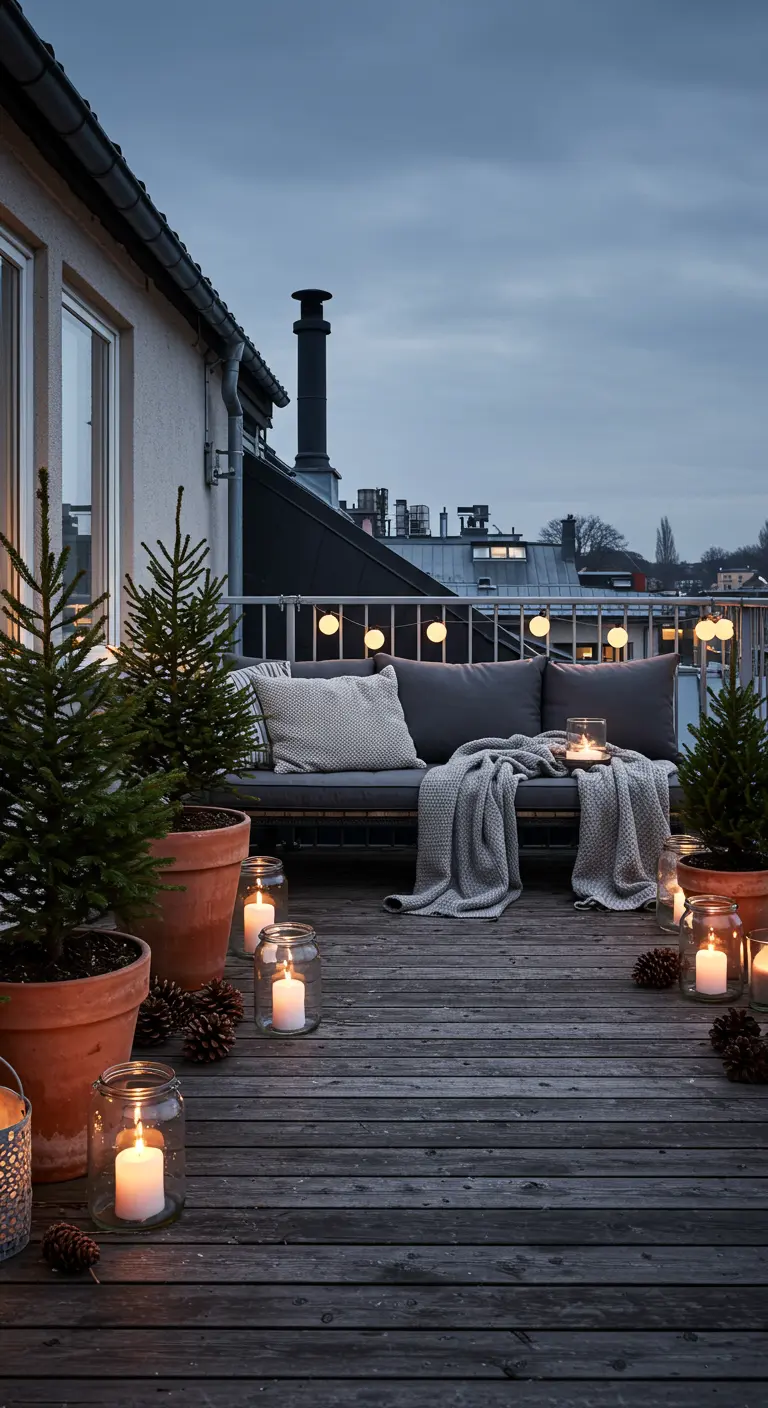 Rooftop balcony with potted fir trees, a cozy sofa, and candles in glass jars.