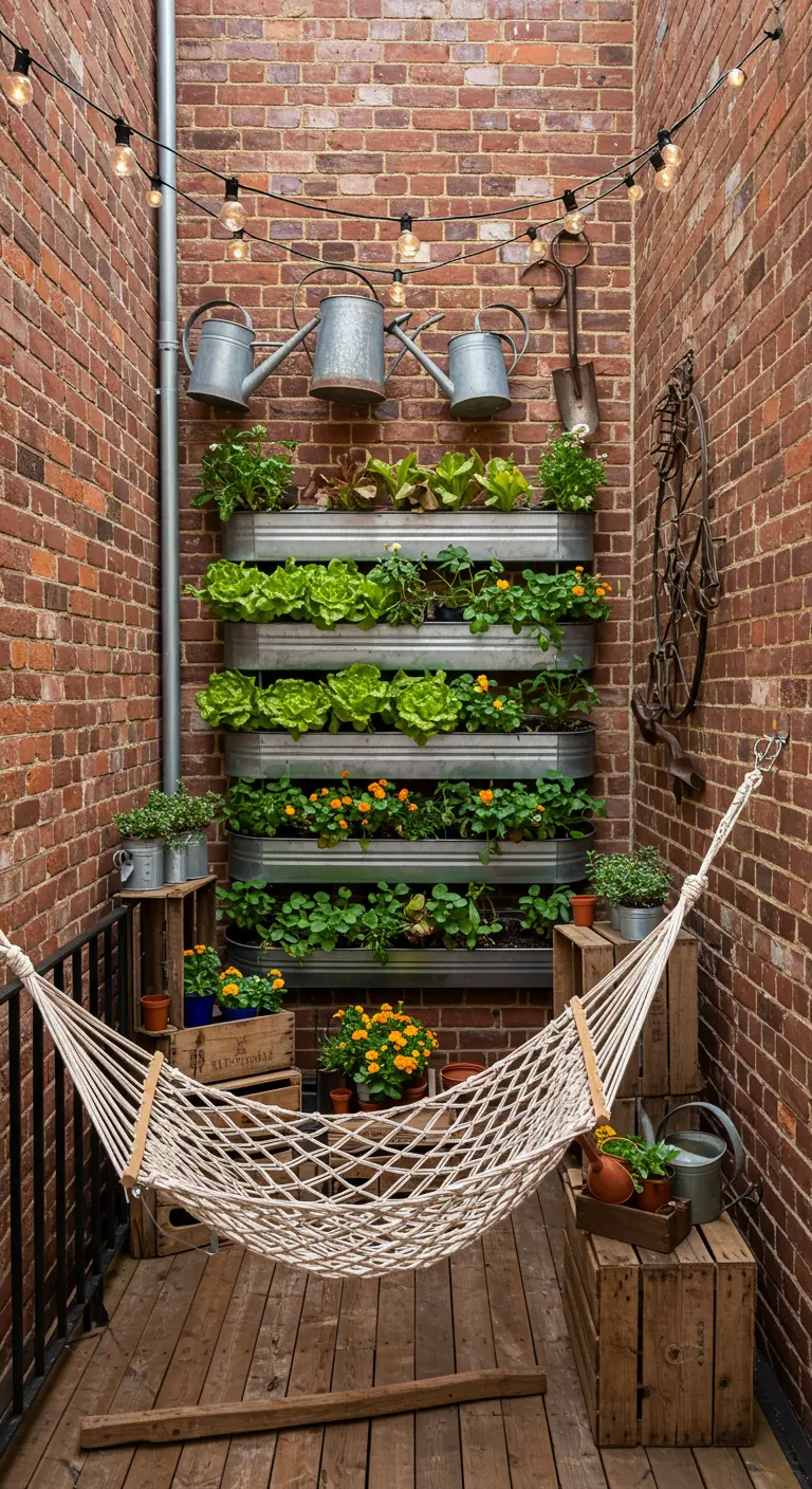 A narrow brick balcony with a tiered metal planter growing lettuce and flowers, opposite a woven hammock.