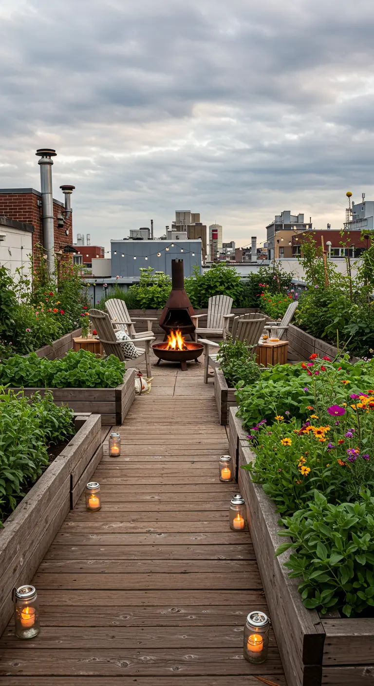 A rooftop garden with raised beds, a wooden walkway leading to a fire pit, and jar lanterns.