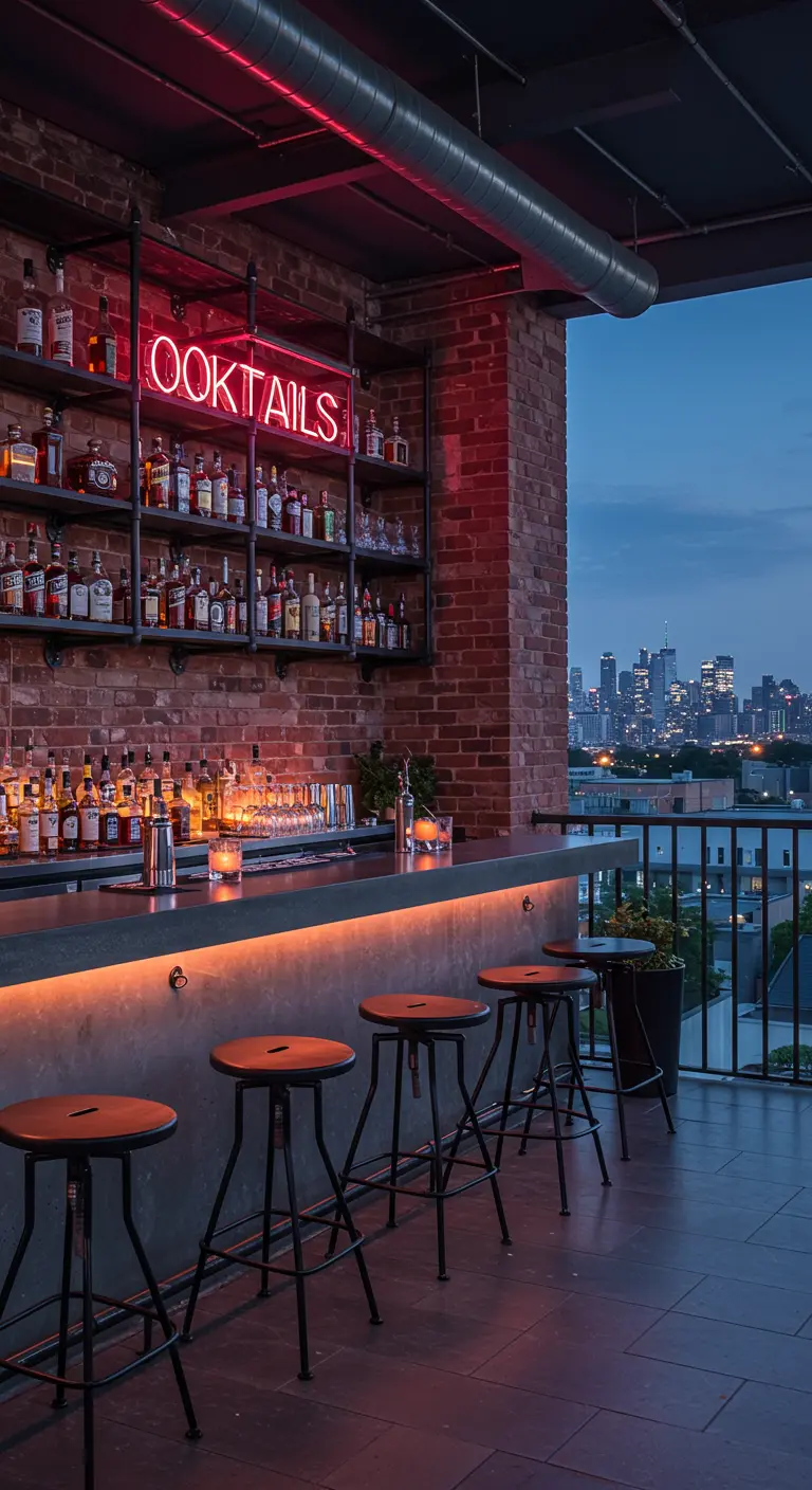 Rooftop balcony bar with a red neon 'COCKTAILS' sign against a brick wall at dusk.