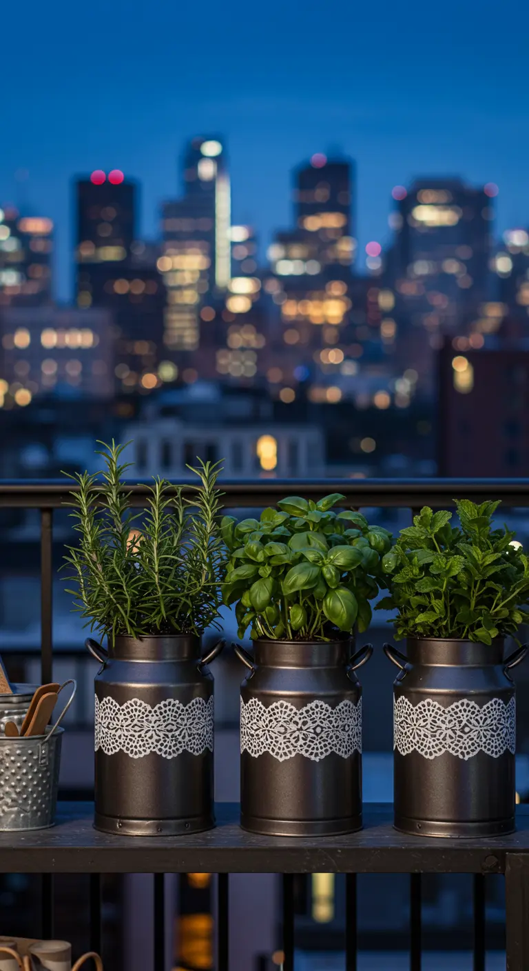 Three dark milk cans with white lace stencils holding fresh herbs on a city balcony railing.