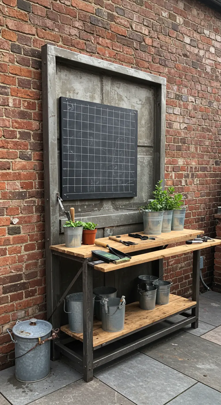 An industrial-style potting bench with a metal frame and gridded chalkboard against a brick wall.