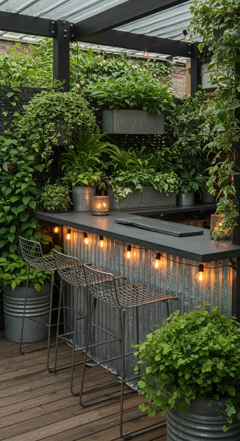 Industrial-style bar surrounded by an abundance of lush green plants in pots.