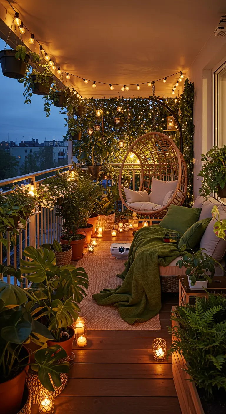 A lush city balcony filled with plants, string lights, and an egg chair set up for a movie night.