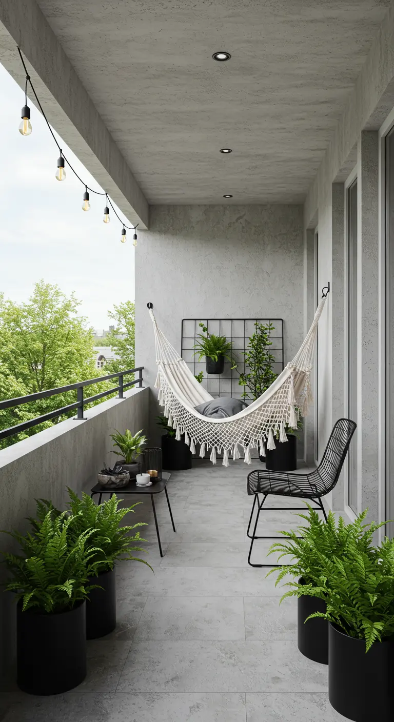A balcony with a white macrame hammock, a black wire grid with plants, and large potted ferns.