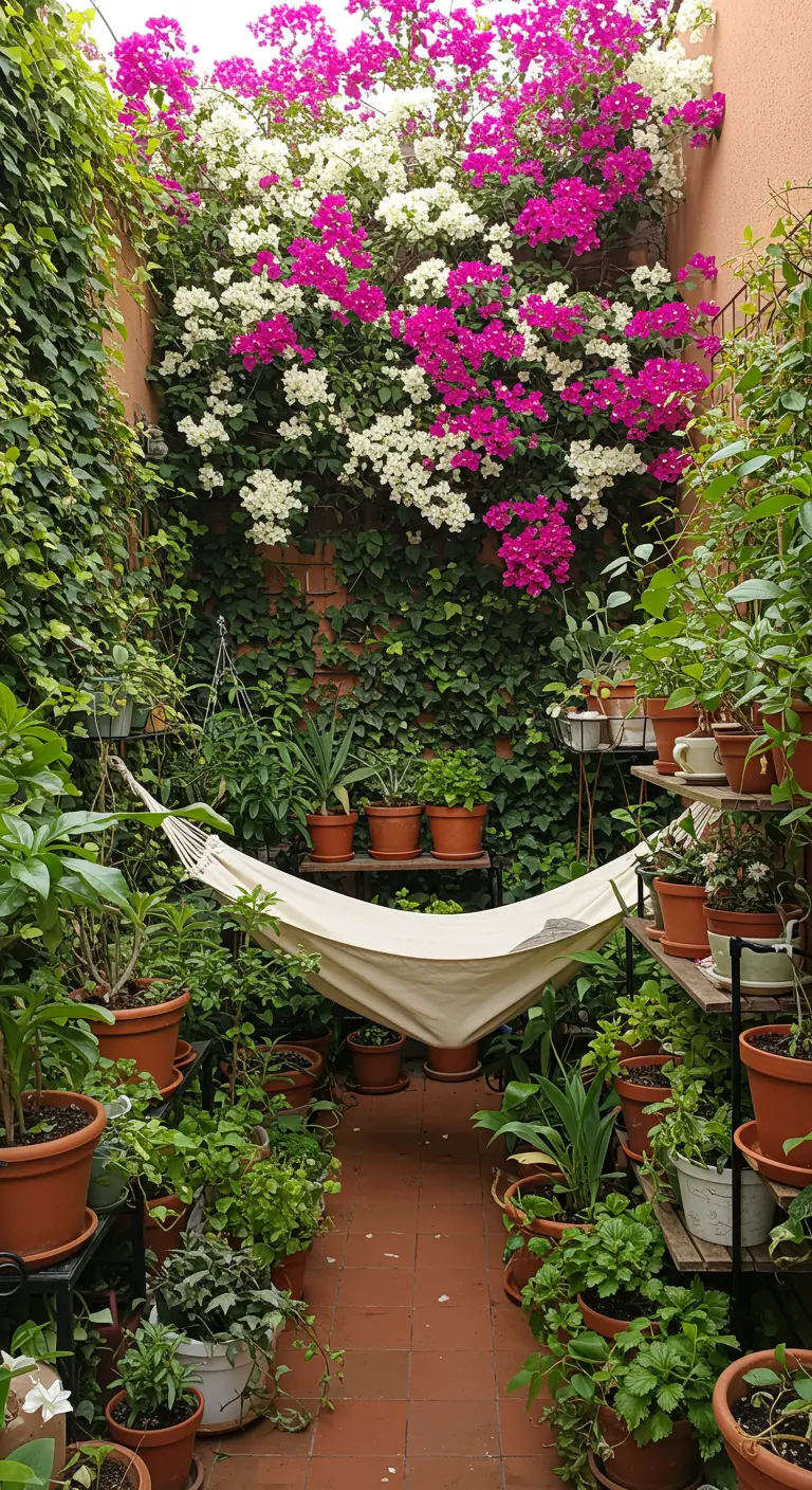 A narrow courtyard packed with tiered plants and a white hammock, creating a jungle feel.