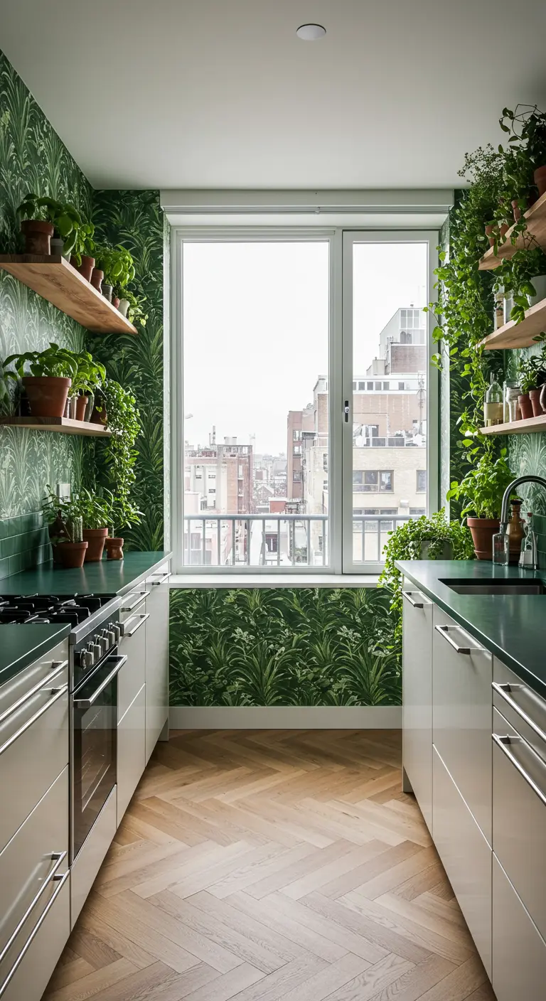 A galley kitchen with fern wallpaper and shelves filled with numerous potted plants.