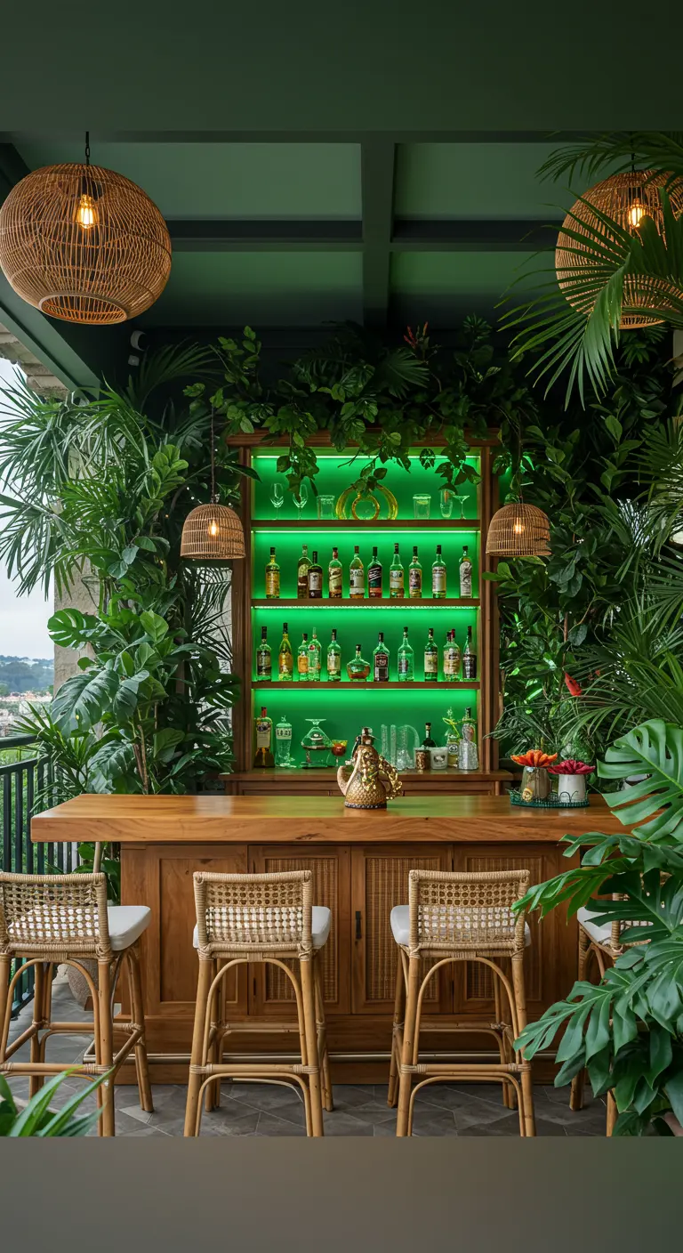Tropical balcony bar with a wood counter and woven lights surrounded by lush green plants.