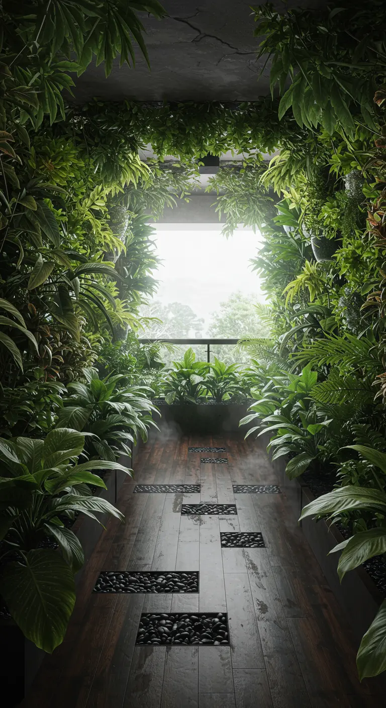 A lush, green indoor corridor with plants on all sides and a wood floor.