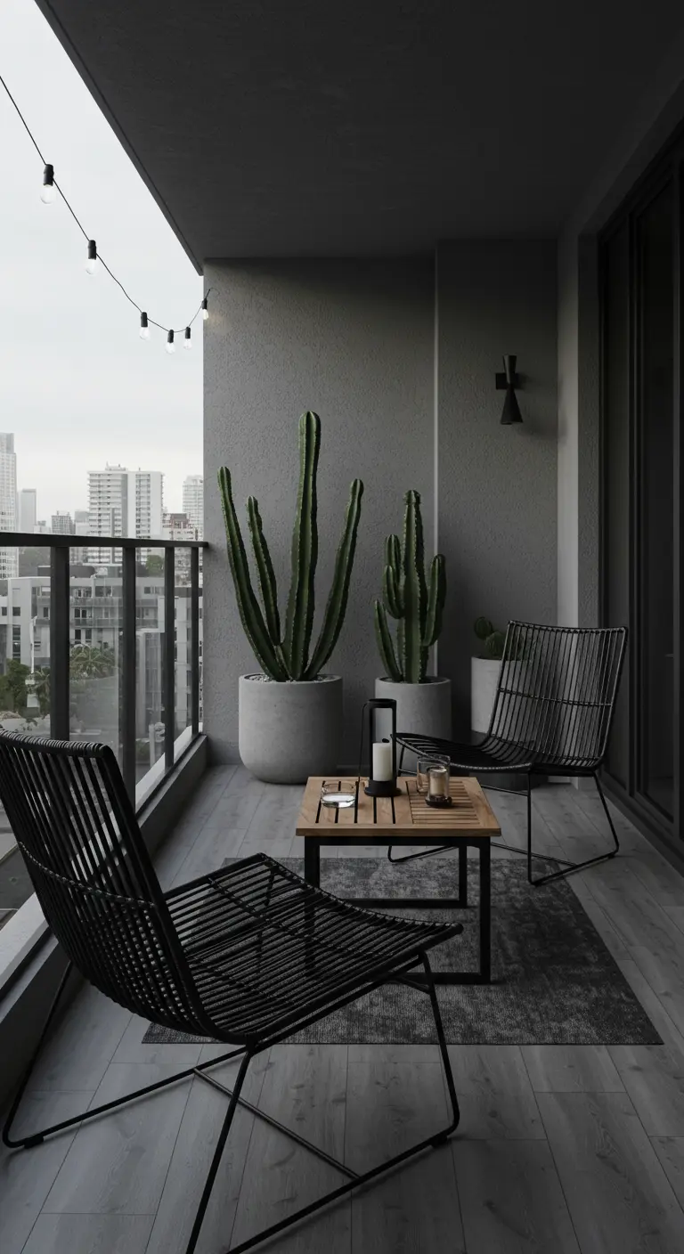 A modern balcony with black wire chairs, concrete planters with tall cacti, and a city view.
