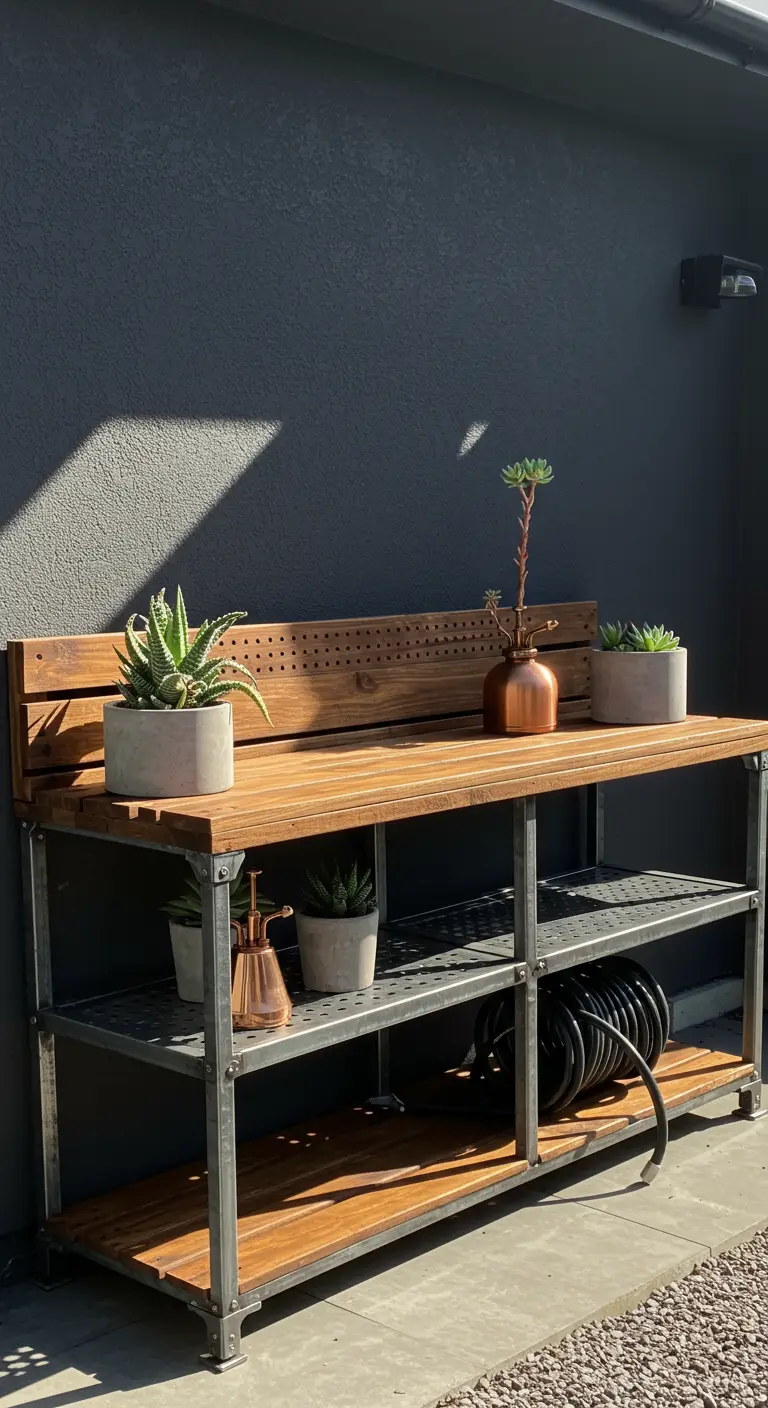 Modern potting bench with a wood top, steel frame, and succulents in concrete pots against a dark wall.