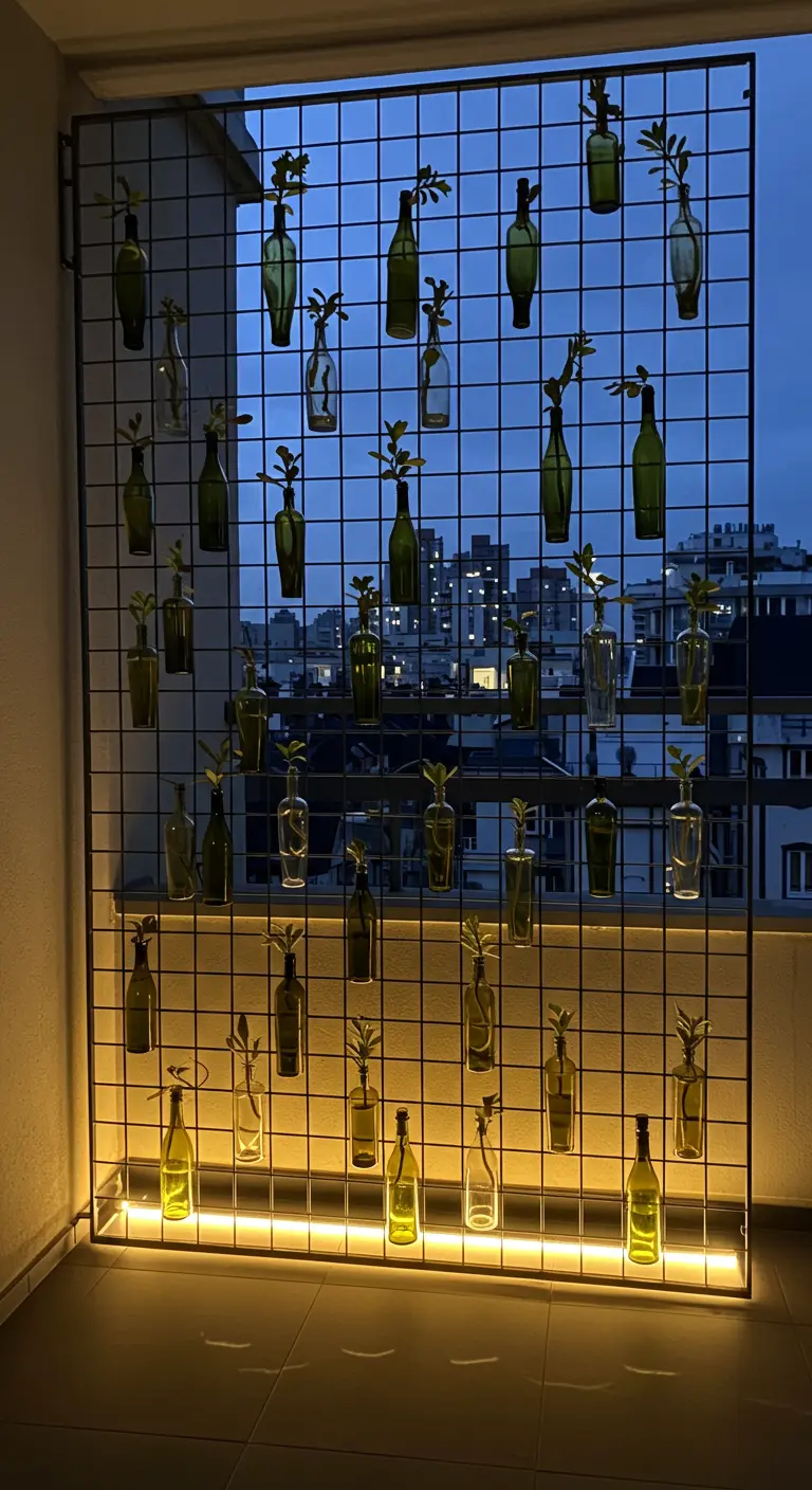 A wine bottle vertical garden on a balcony at night, lit from below.