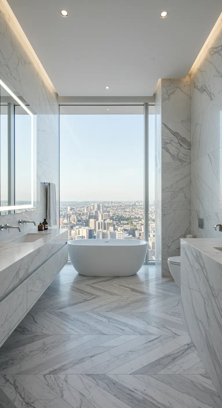 Luxury bathroom with floor-to-ceiling windows overlooking a city skyline.