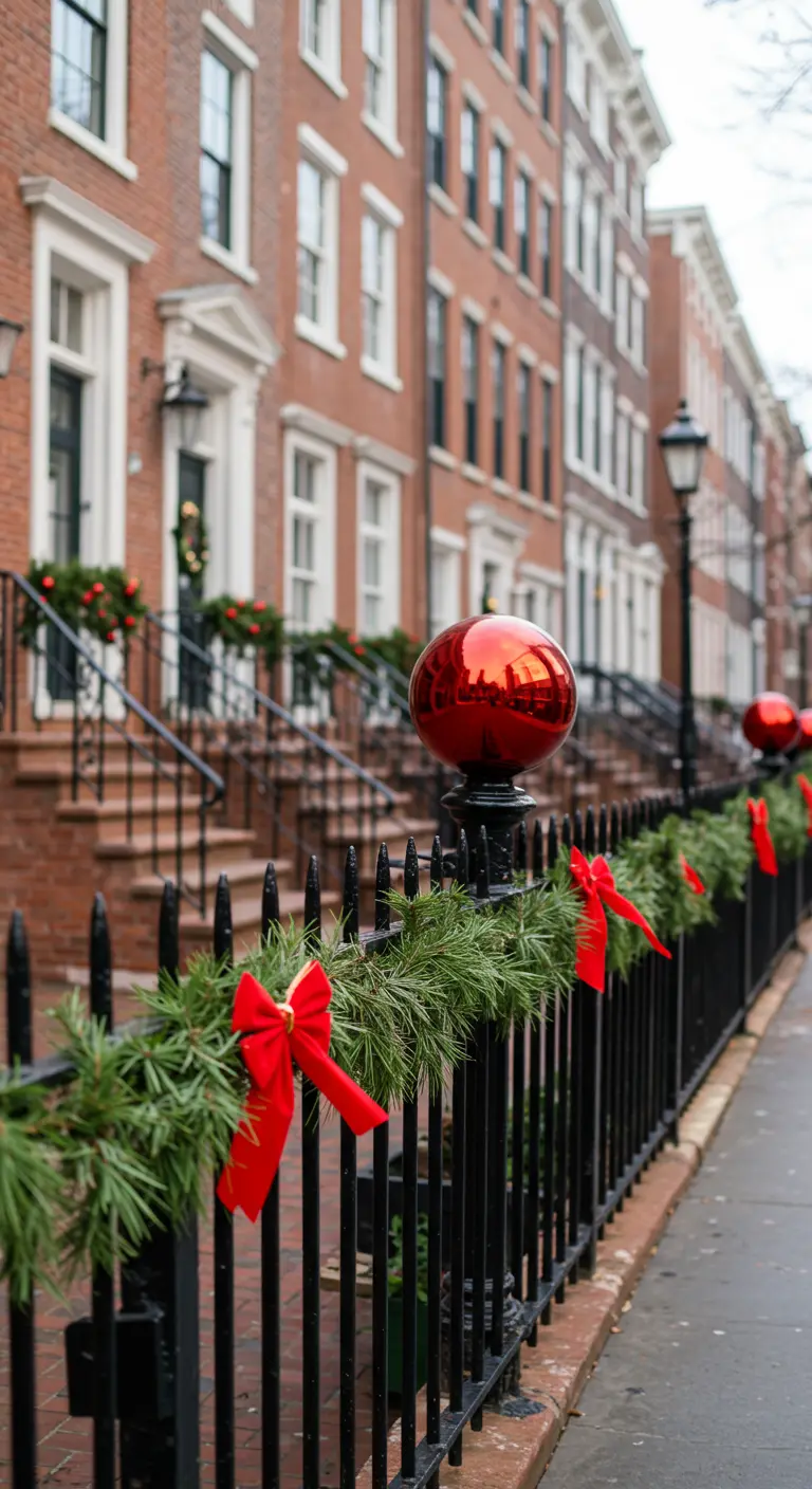 Black metal fence along a city sidewalk with a light garland, red bows, and large red finial ornaments.