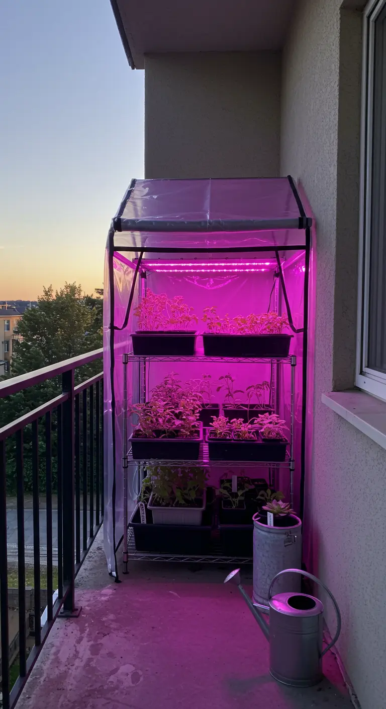 A multi-tier metal shelf greenhouse on a balcony, illuminated by a purple grow light at dusk.