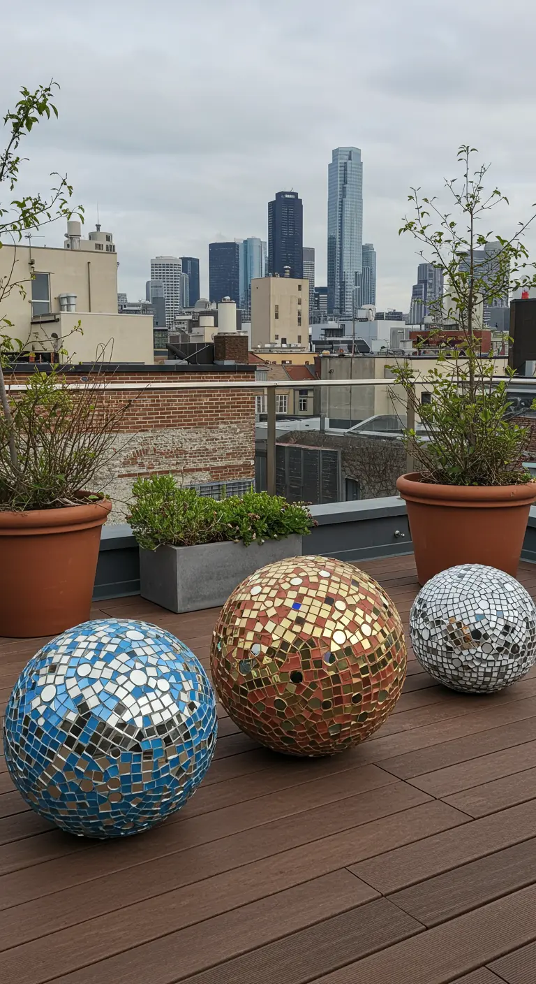 Three large mosaic spheres in gold, silver, and blue, sitting on a rooftop deck with a city skyline.