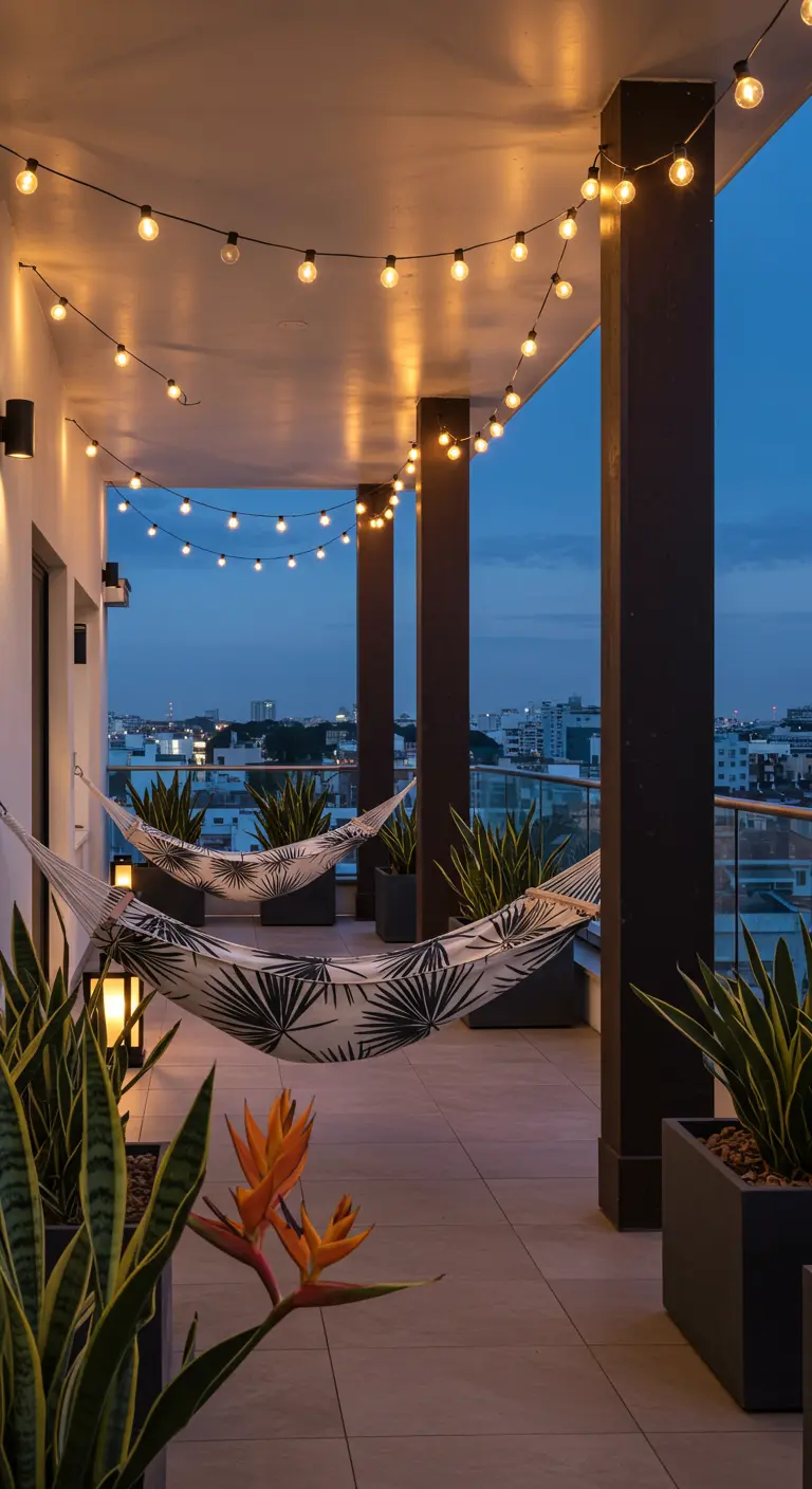 Two black-and-white palm-print hammocks on a modern city balcony at dusk with string lights overhead.