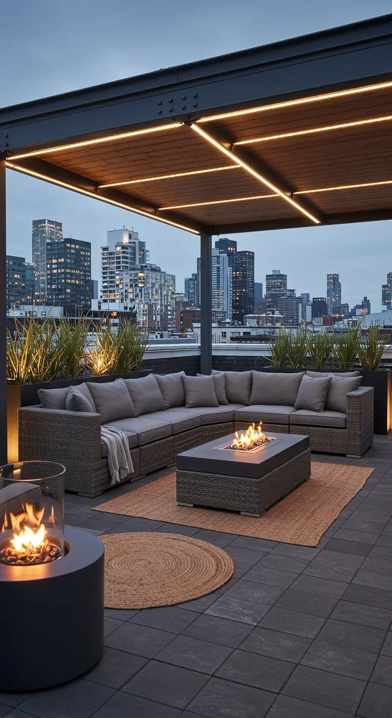 A modern rooftop patio with a grey sectional, fire pit, and integrated canopy lighting.