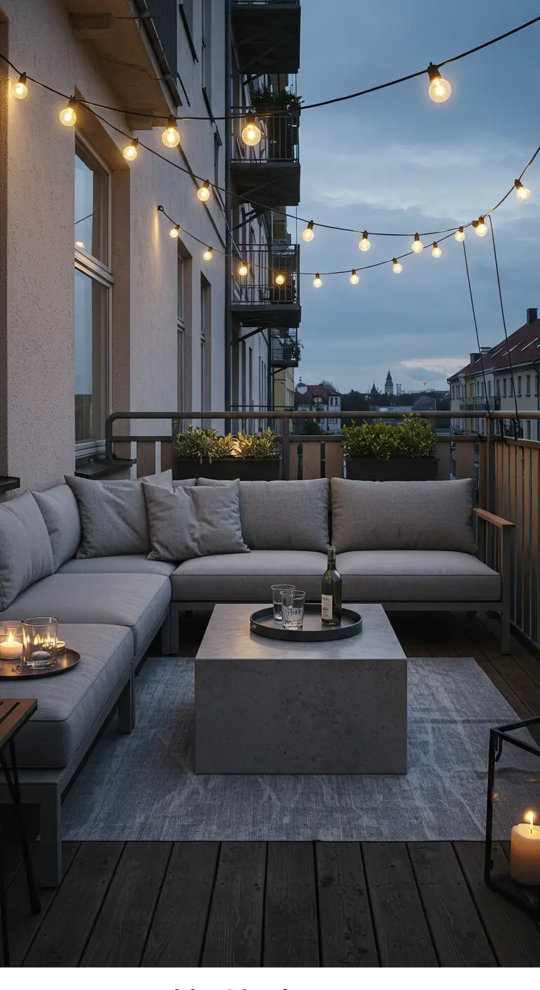 Spacious balcony with a large grey sectional sofa, concrete coffee table, and string lights.