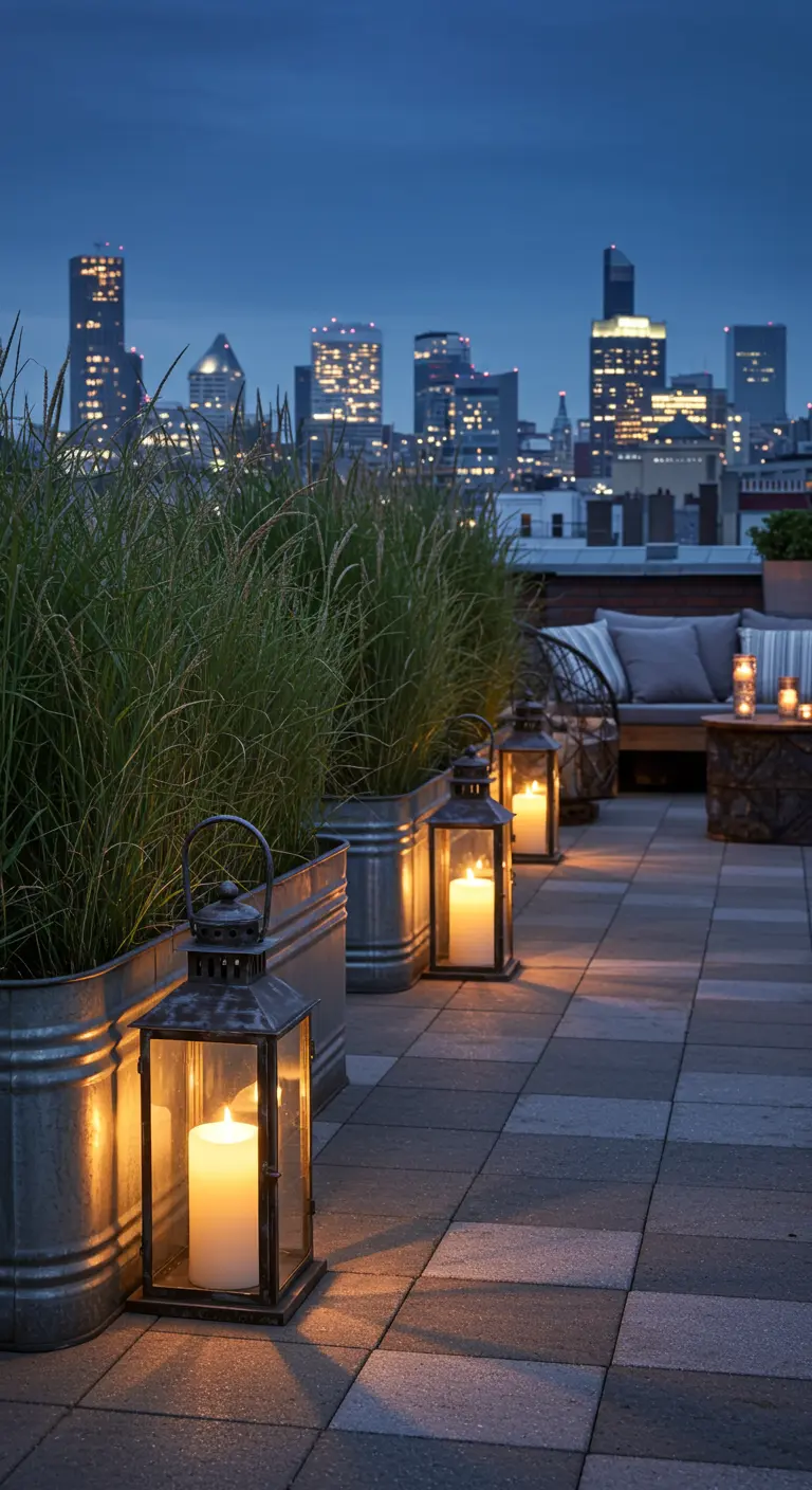 A rooftop patio with lanterns lighting a path beside metal planters of tall grass.