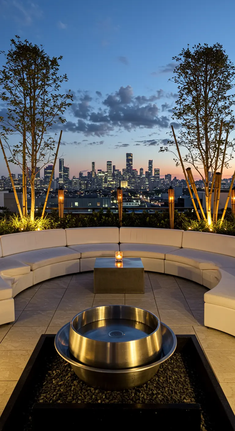 A rooftop terrace with a large white curved sofa overlooking a city skyline at dusk.