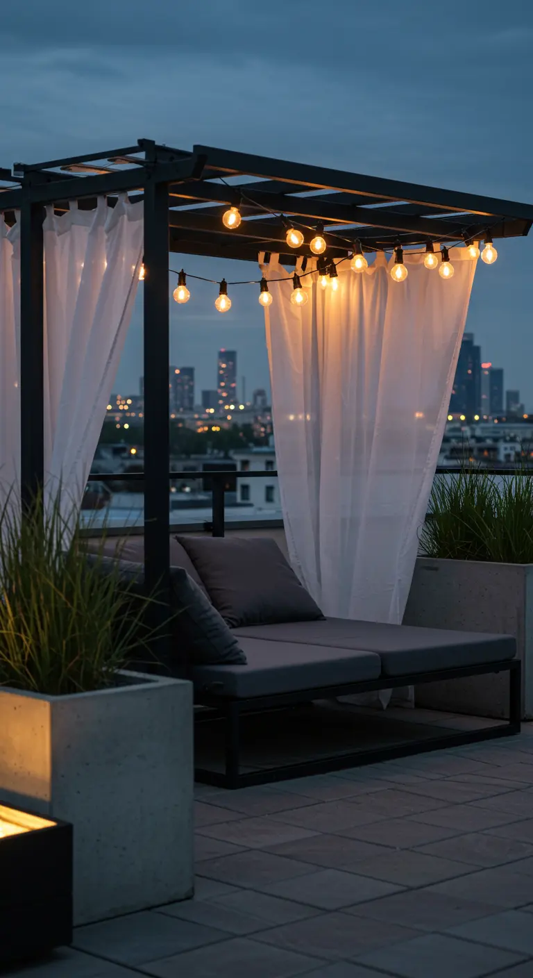 A modern rooftop daybed with white curtains and string lights overlooking a city at dusk.