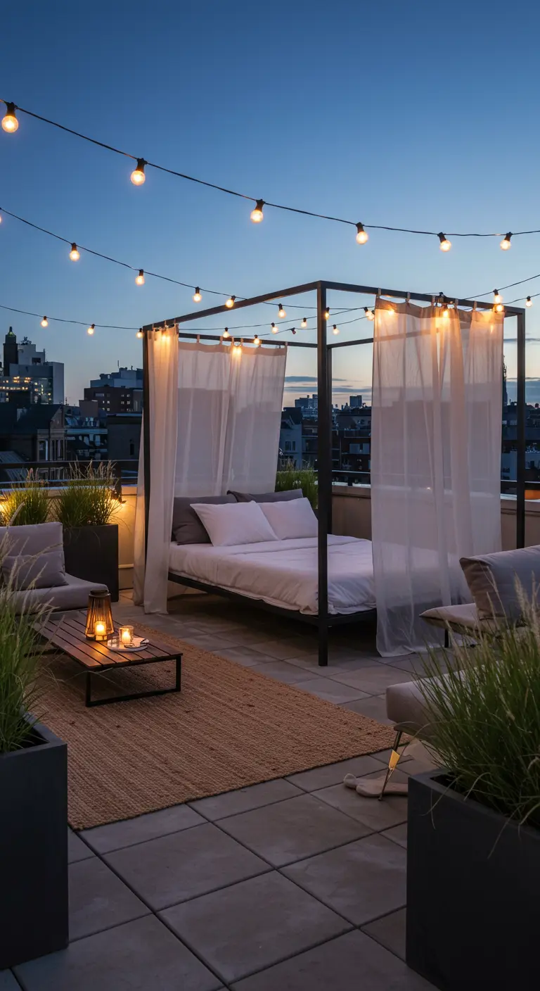 Modern canopy bed on a city rooftop with string lights and lounge chairs.