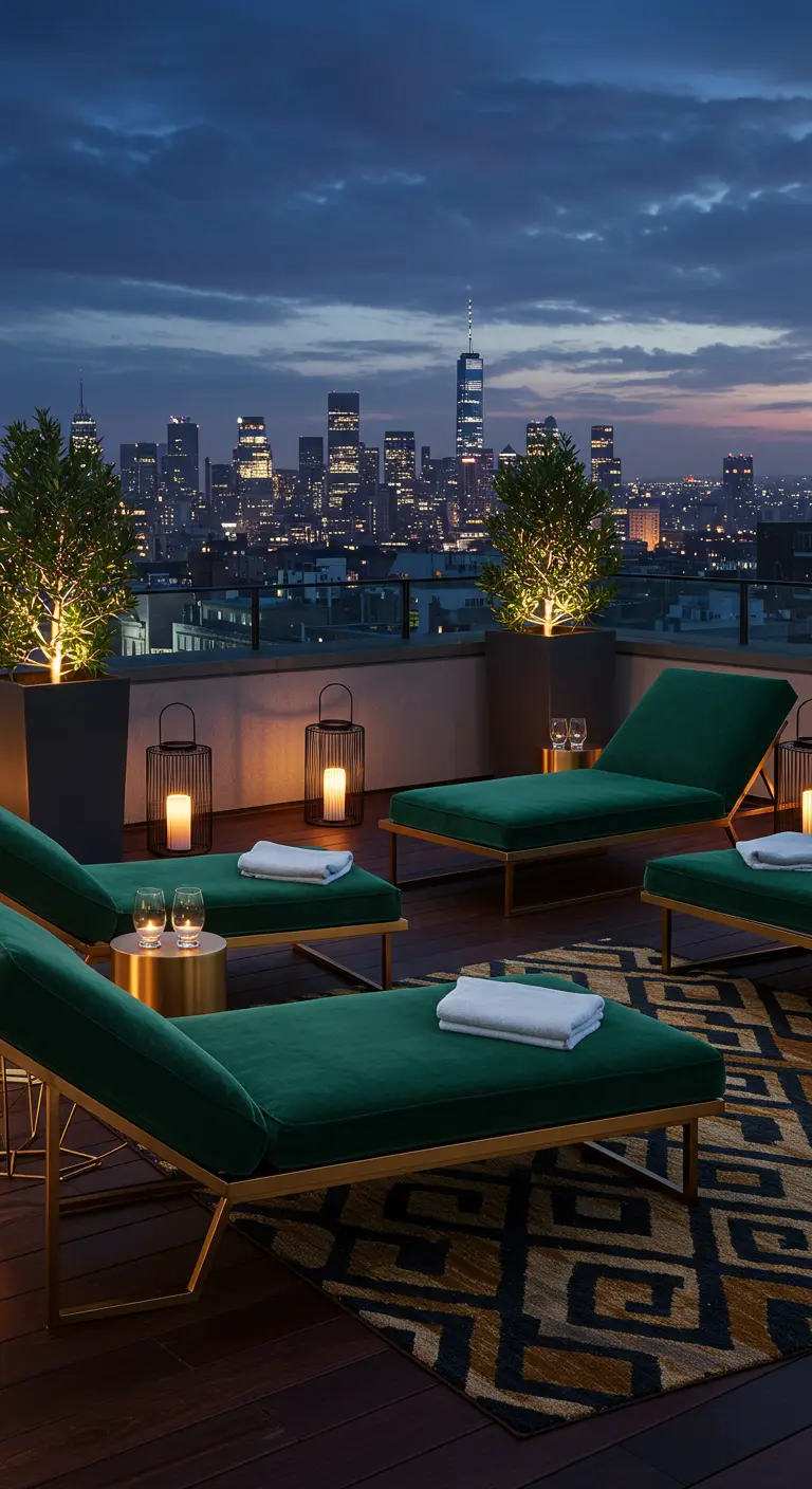 Emerald green velvet chaises on a rooftop with a city skyline at night.