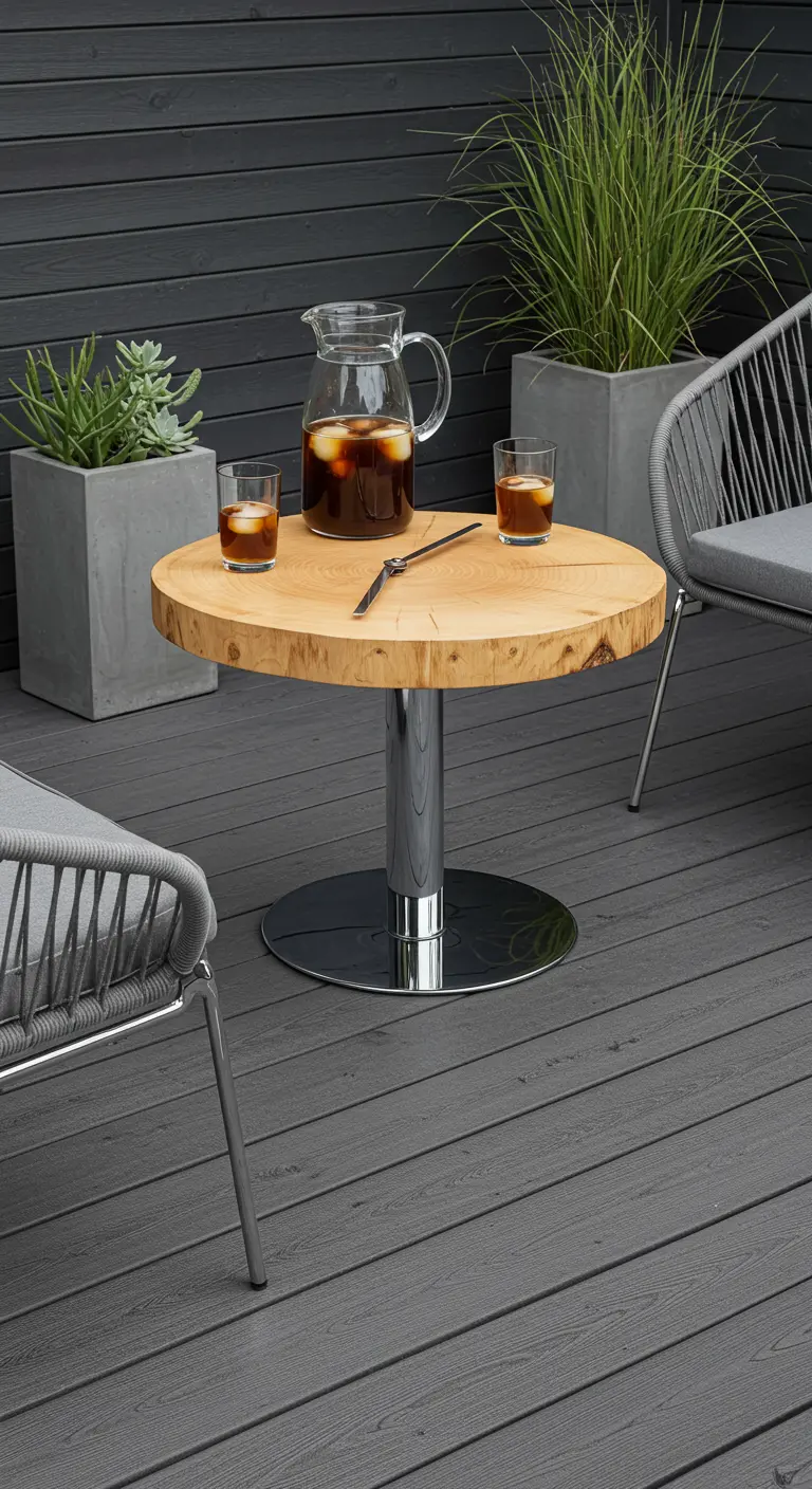 A polished wood slice clock table on a chrome pedestal base on a modern gray deck.