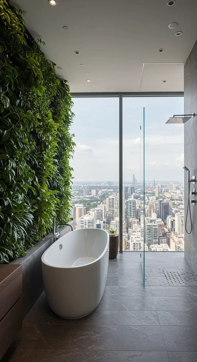 High-rise bathroom with a living wall and floor-to-ceiling windows showing a city.