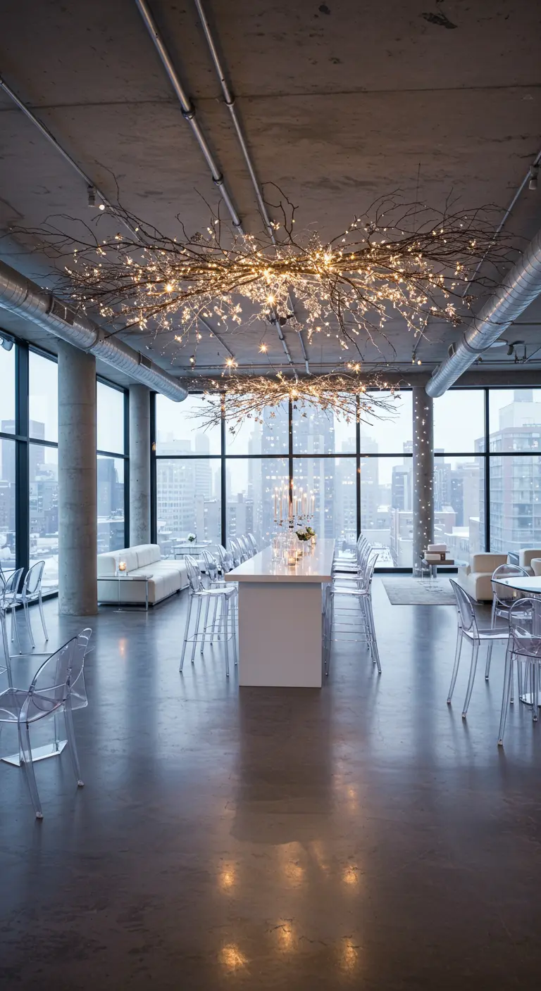 A modern loft with a large branch and fairy light installation hanging over a long white table.