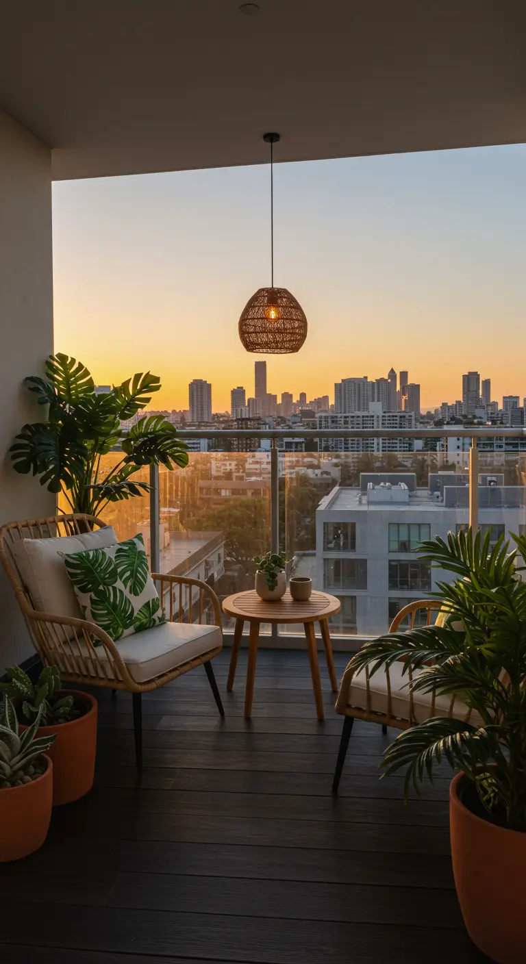 Rattan armchairs and a pendant light on a city view balcony at sunset.