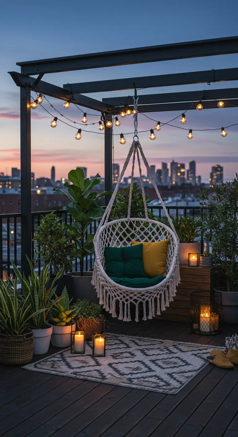 Macrame hanging chair on a city rooftop terrace with plants and Edison string lights at dusk.