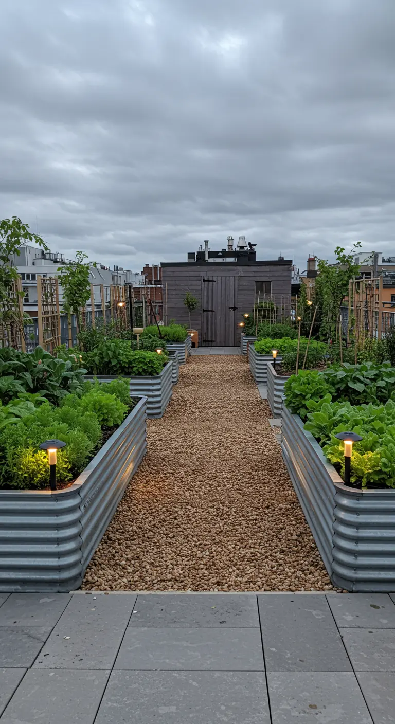 A rooftop vegetable garden with corrugated metal raised beds and a gravel path.