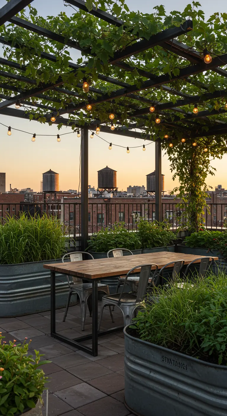 A rooftop dining area under a pergola with grapevines and galvanized trough planters.
