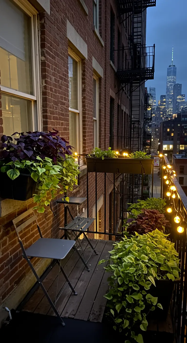 A city balcony at dusk with overflowing railing planters and globe string lights.