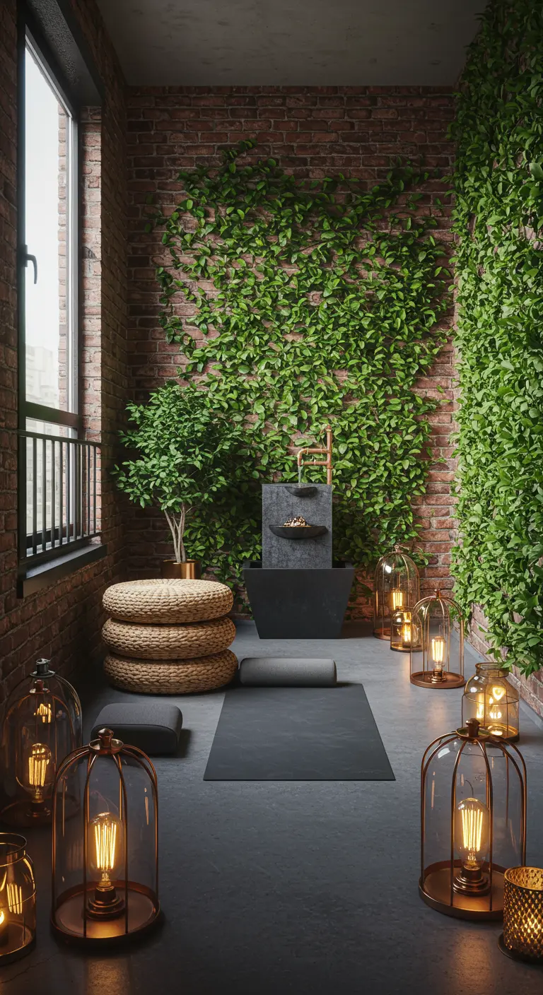 A serene balcony with an ivy-covered wall, a yoga mat, and glowing floor lanterns.