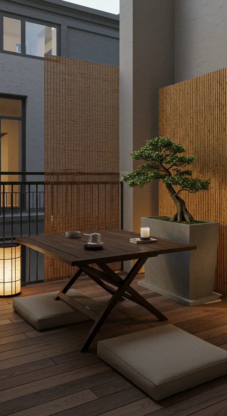 A Japanese-inspired balcony with bamboo screens, a low table, floor cushions, and a bonsai tree.