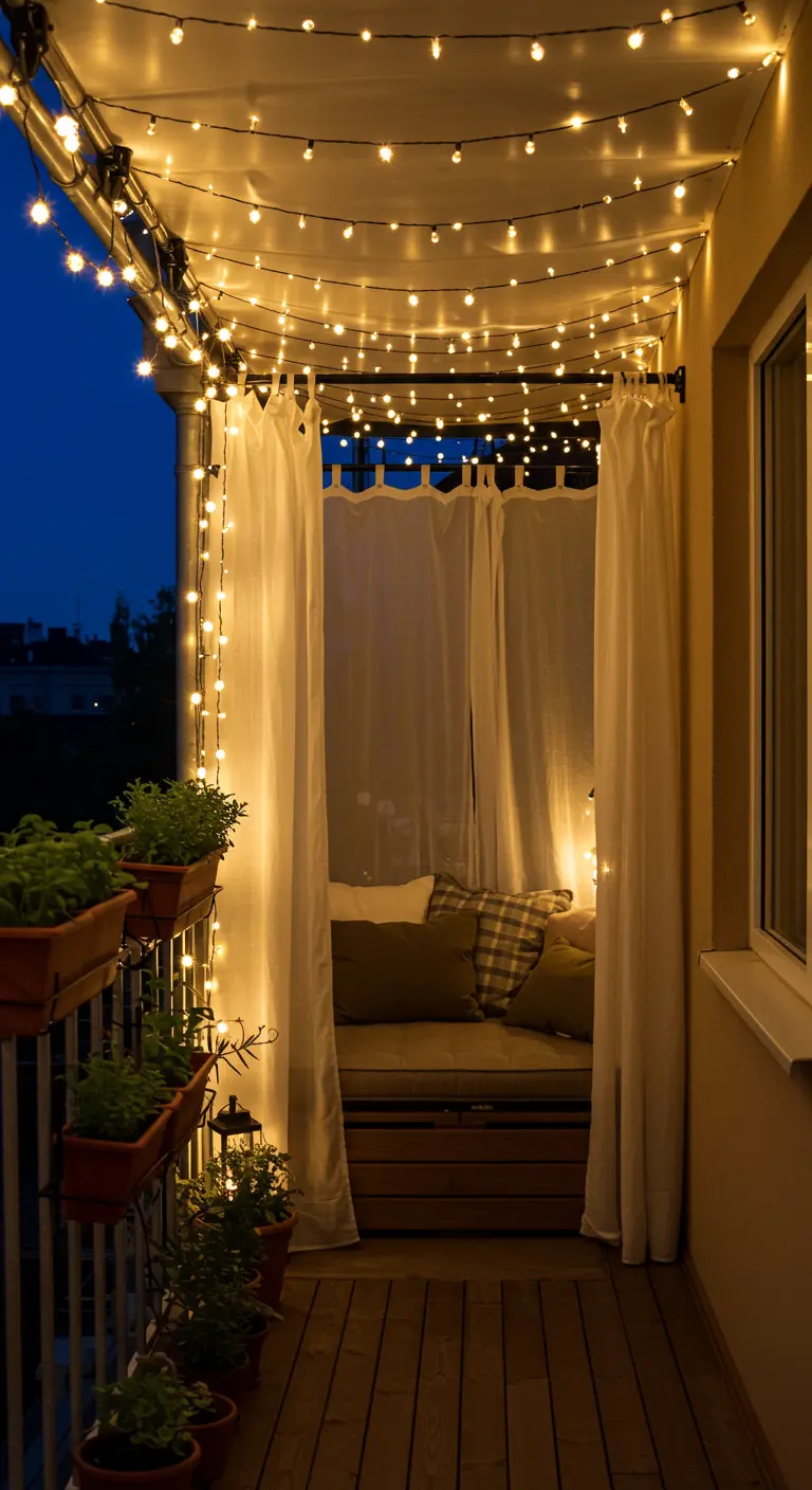 Cozy small balcony nook with a dense fairy light canopy and sheer curtains.