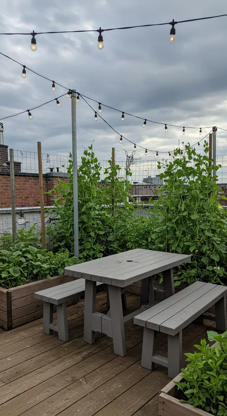 A functional rooftop garden with pea plants on a wire fence and a gray picnic table.
