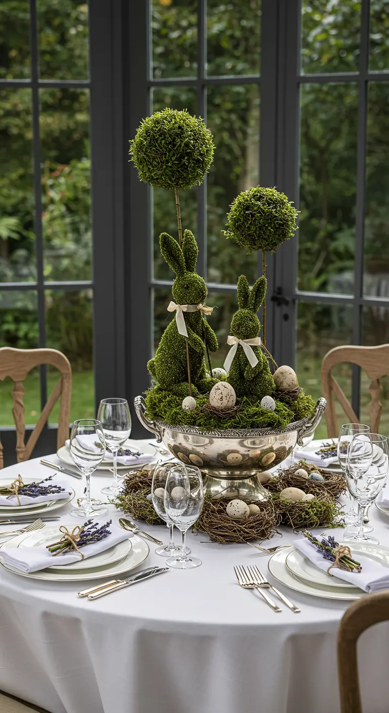 Elegant Easter centerpiece with moss bunnies and topiaries in a silver bowl.