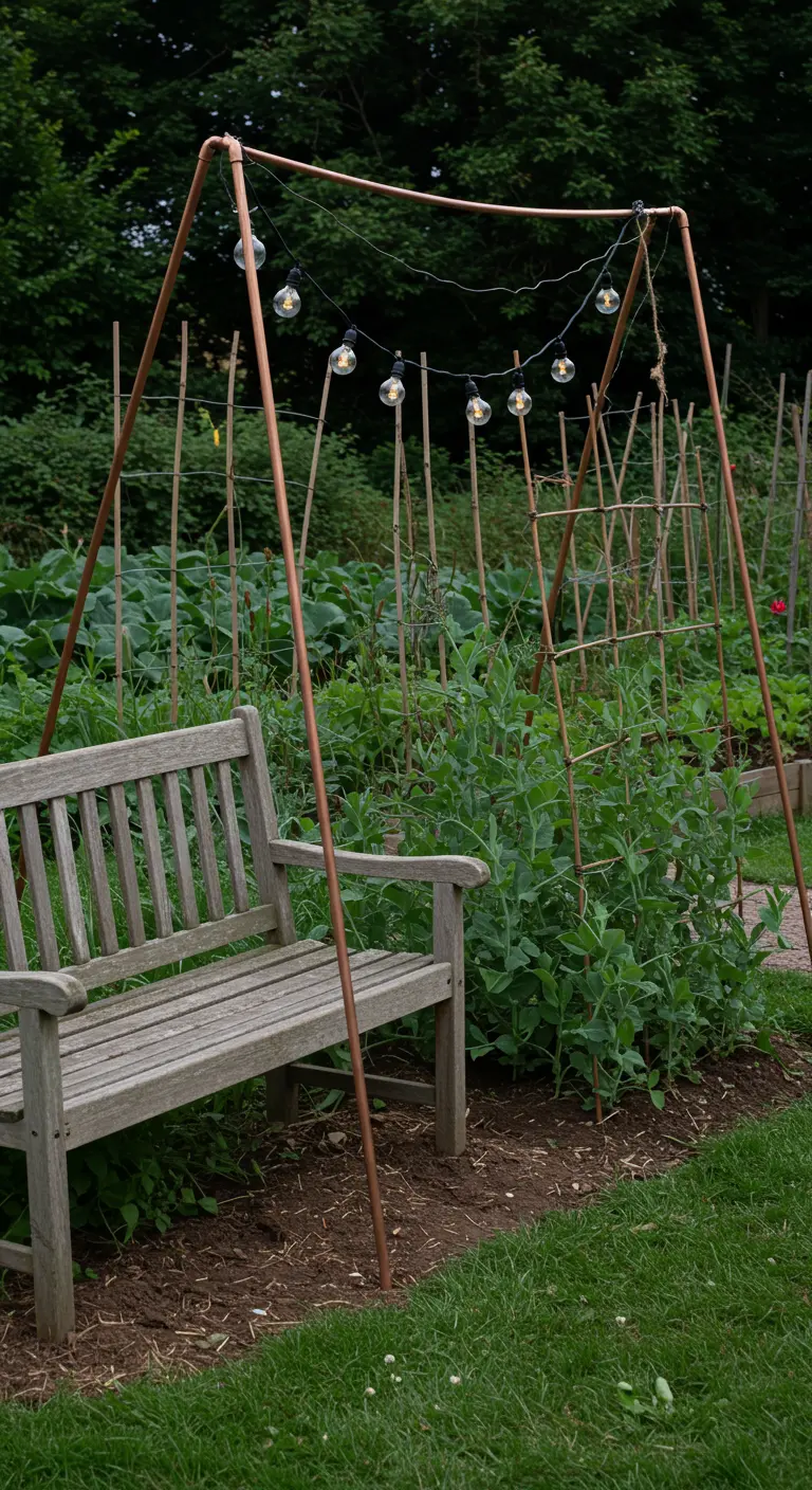 A copper pipe A-frame with lights, set up as a trellis in a vegetable garden.