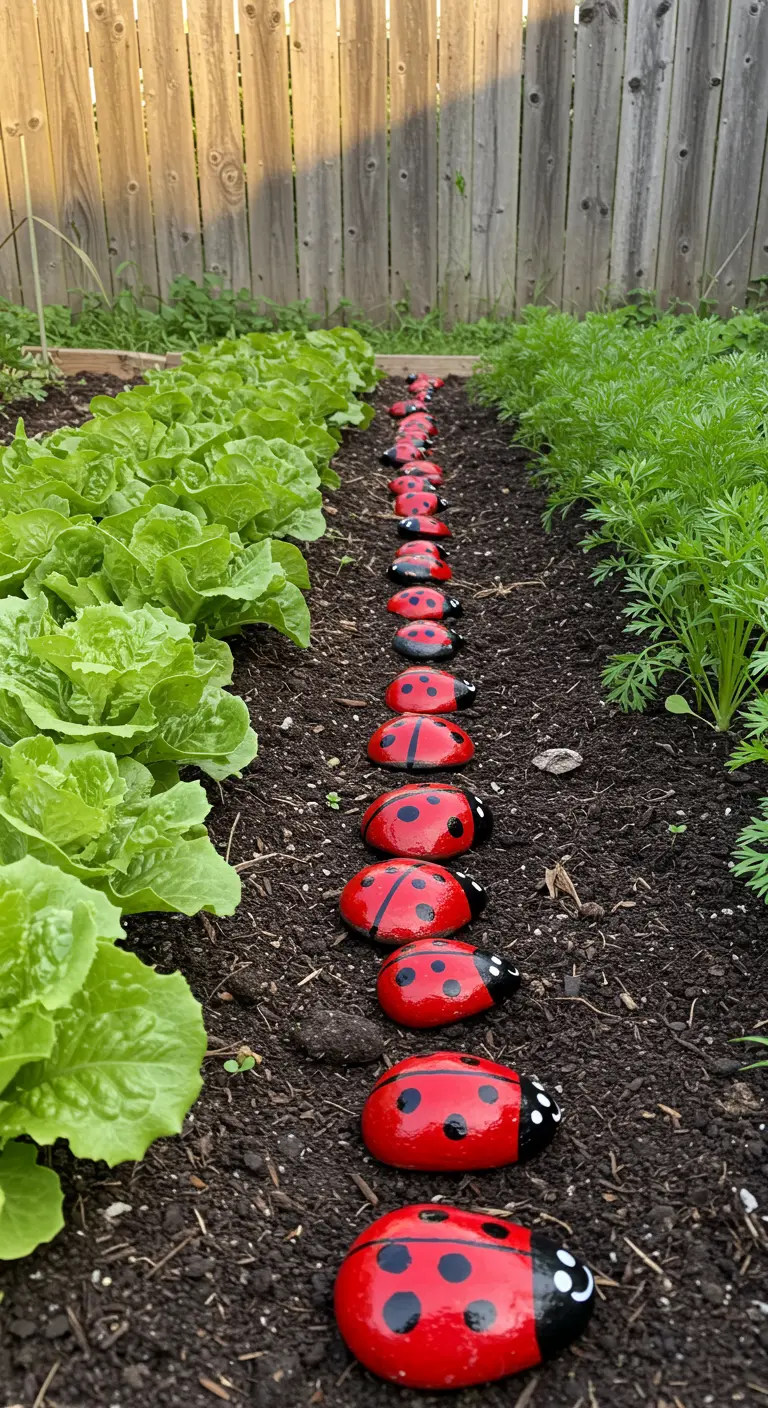 A line of red painted ladybug rocks separating rows of lettuce and carrots in a garden bed.