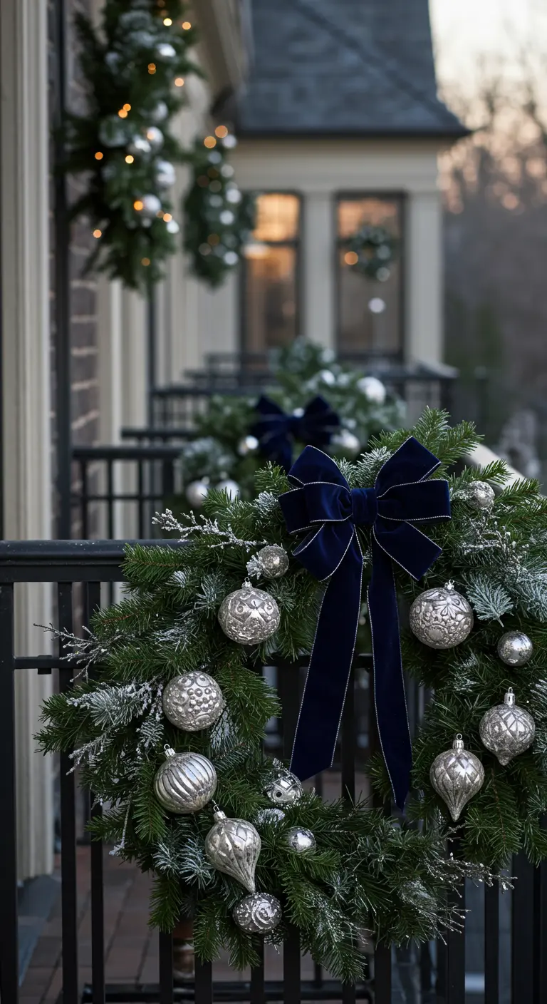 A lush evergreen wreath on a balcony railing with silver ornaments and a large navy velvet bow.