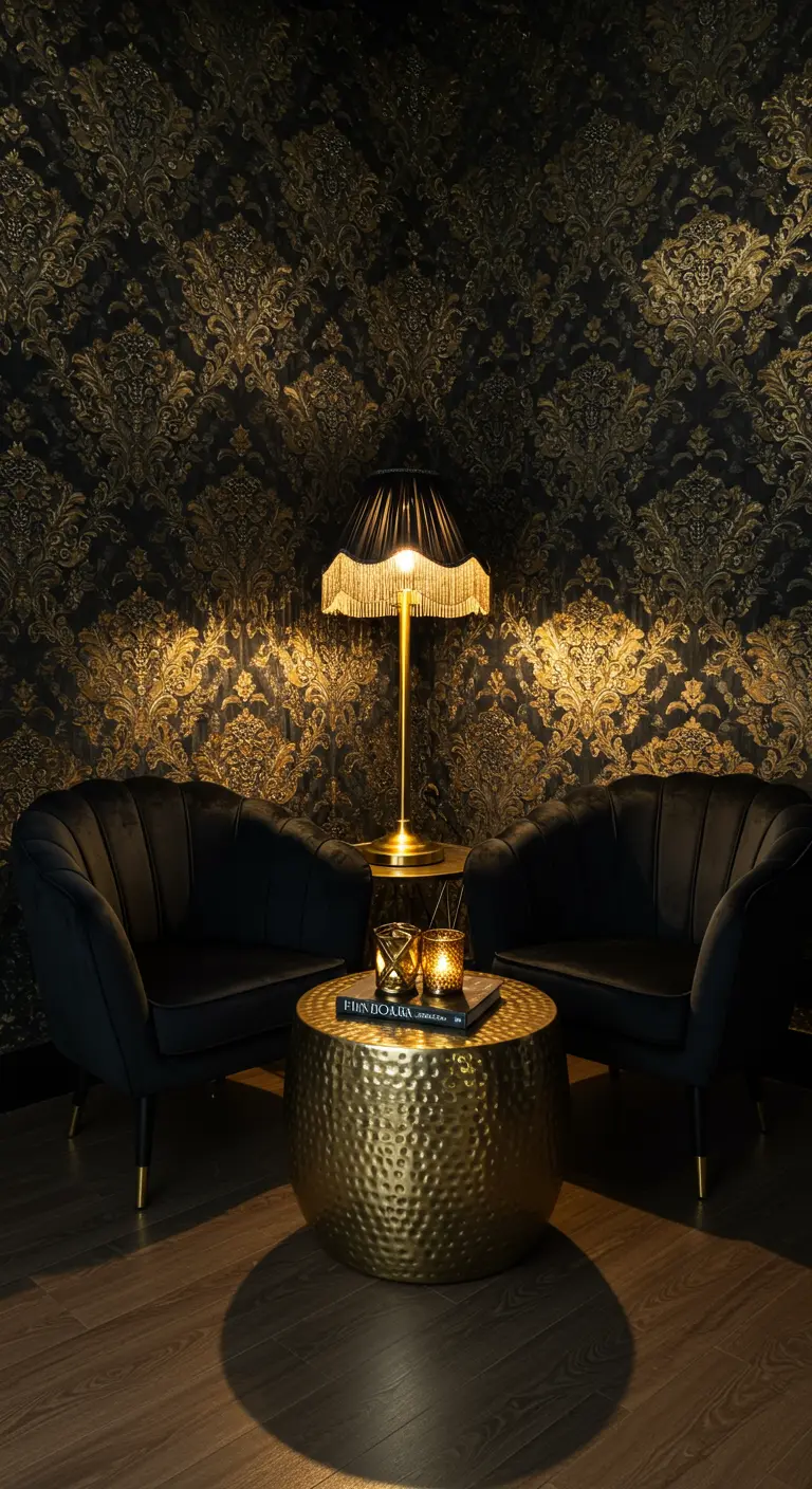 A cozy corner with two black velvet chairs, a gold table, and a fringed lamp against damask wallpaper.