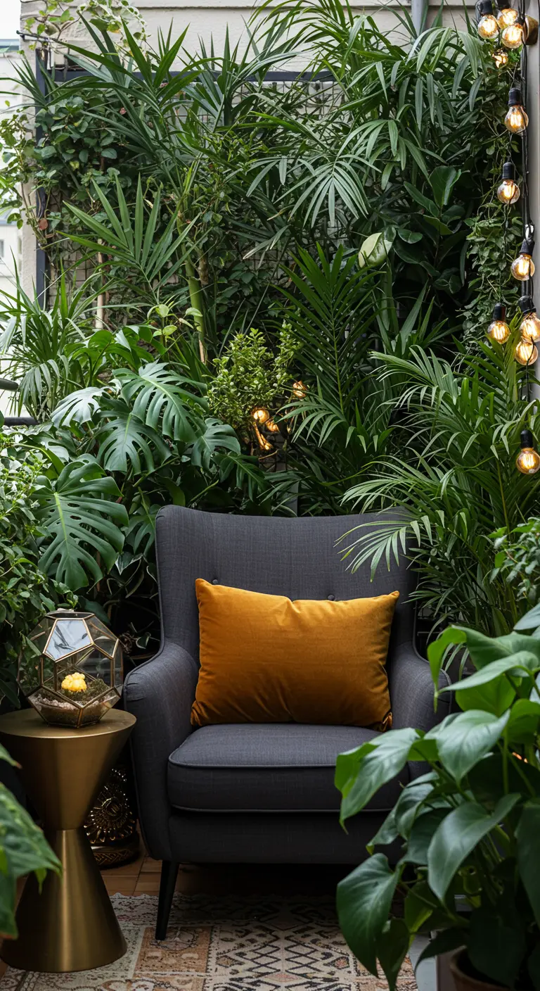 A grey armchair with a gold velvet pillow, nestled in a corner surrounded by lush green plants.