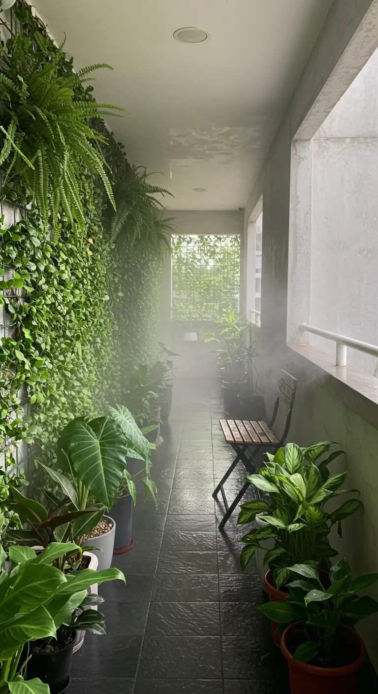 A long, misty balcony with a full green wall and dark slate flooring.