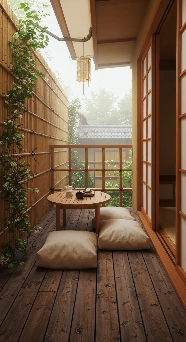 A narrow wooden balcony with a bamboo screen wall and a climbing plant.